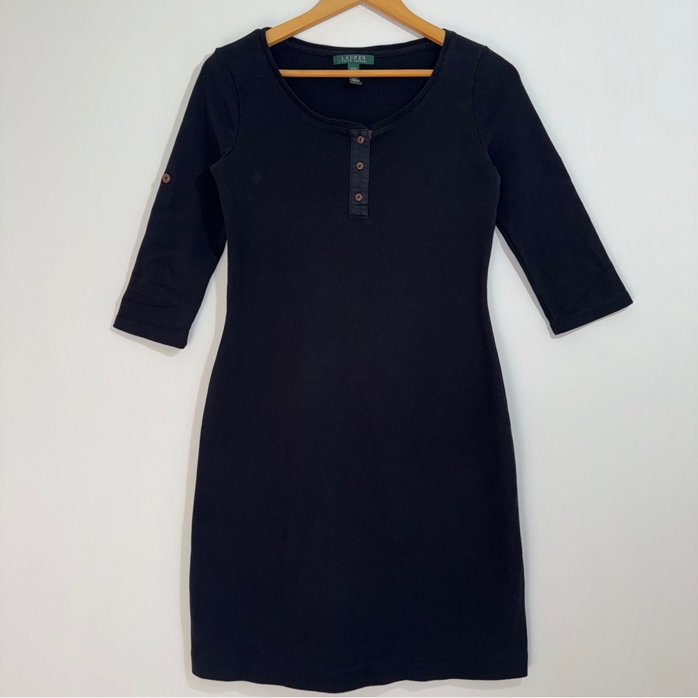 Lauren Ralph Lauren Black Henley Sweater Dress Size Medium‎ Cozy Casual Chic